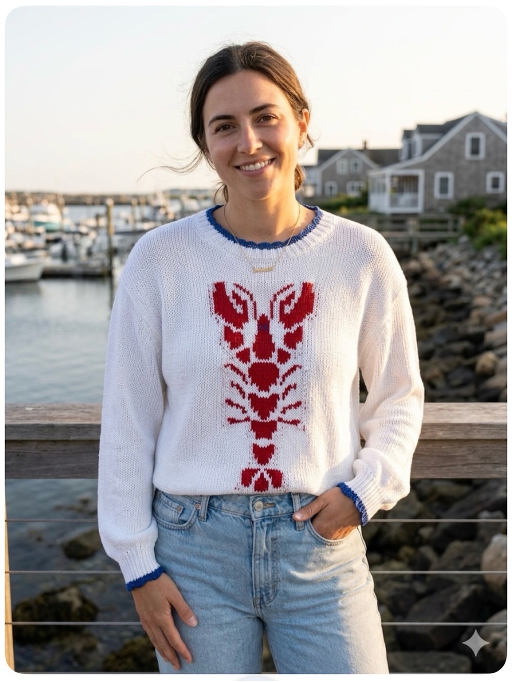 Boutique White Blue Red Lobster Knit Sweater 🦞Sz Large